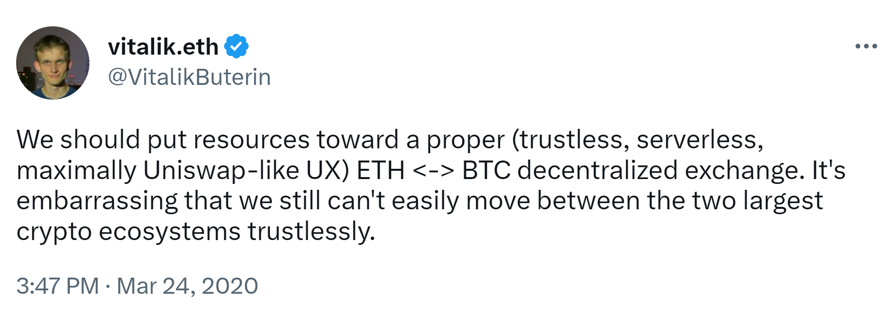 Vitalik Buterin tweet saying its embarrassing we don't have a true decentralized exchange to swap bitcoin and ethereum