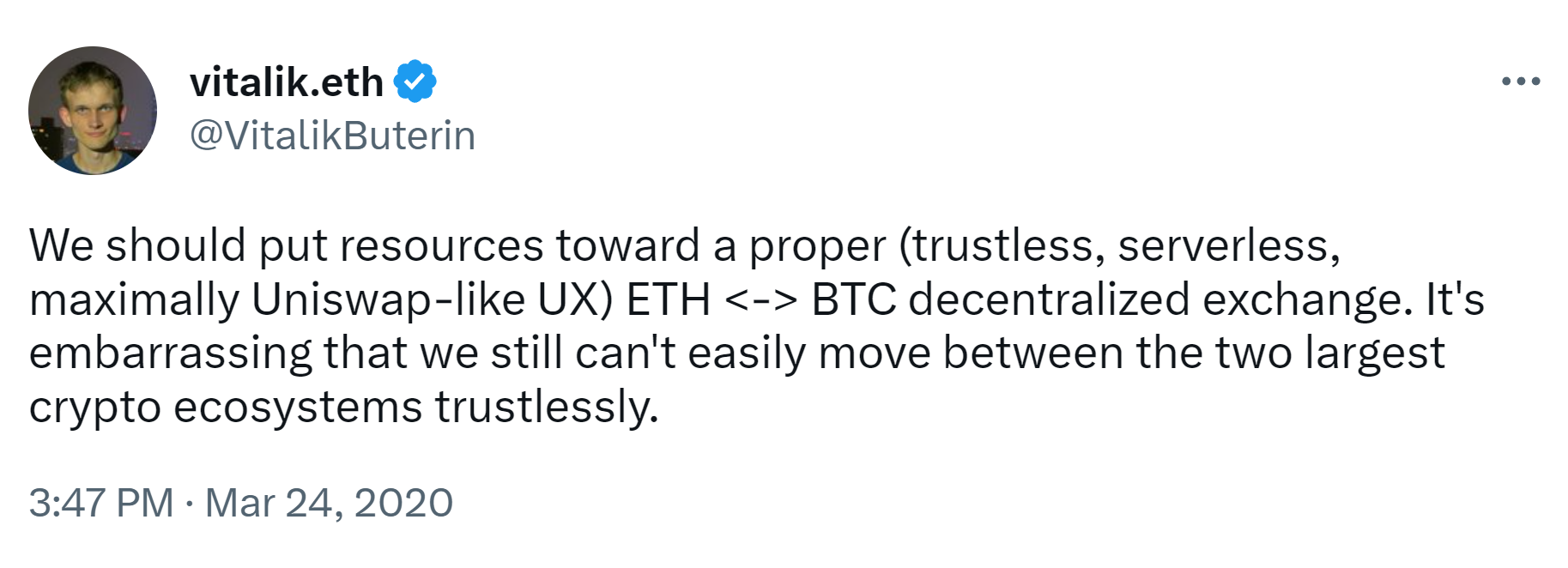 We should put resources toward a proper (trustless, serverless, maximally Uniswap-like UX) ETH <-> BTC decentralized exchange. It's embarrassing that we still can't easily move between the two largest crypto ecosystems trustlessly.