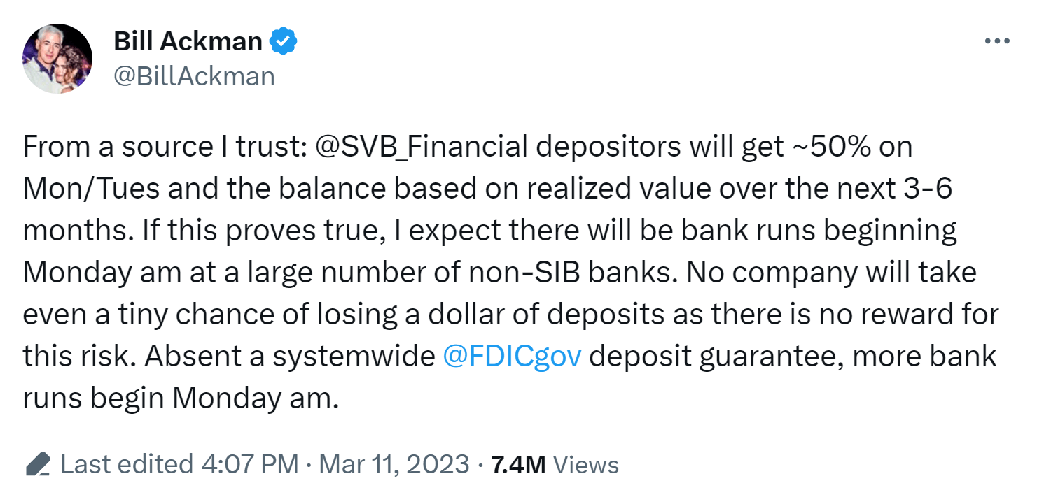 Bill Ackman tweet talking about bank runs