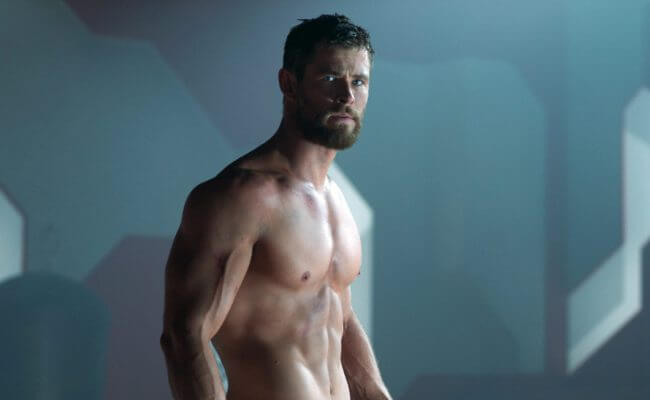 Chris Hemsworth as Thor with his shirt off