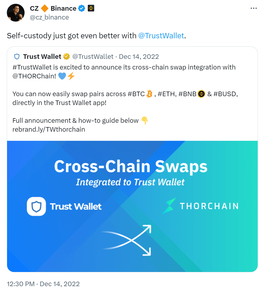 CZ from Binance retweeting Trust Wallet tweet announcing THORChain integration