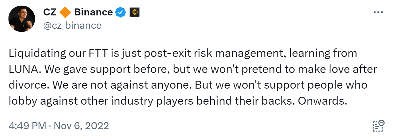 CZ from Binance tweet saying he doesn't support people lobbying against the crypto industry