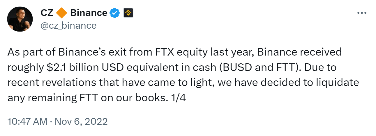 CZ from Binance tweet saying they are going to start selling FTT tokens