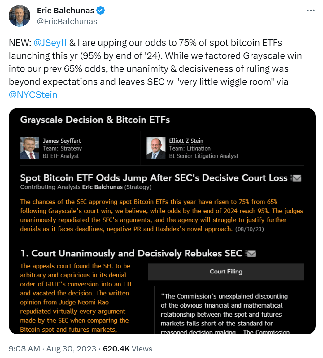 Eric Balchunas tweet talking about probability of bitcoin ETF being approved