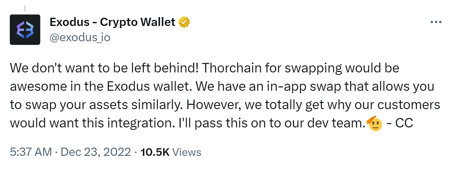 Exodus crypto wallet tweet saying they don't want to be left behind and will integrate THORChain