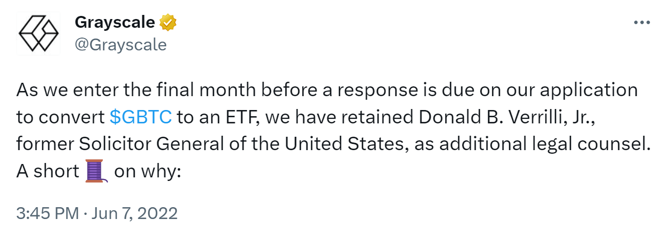 Grayscale twitter account tweeting about retaining Donald B. Verrilli Jr.