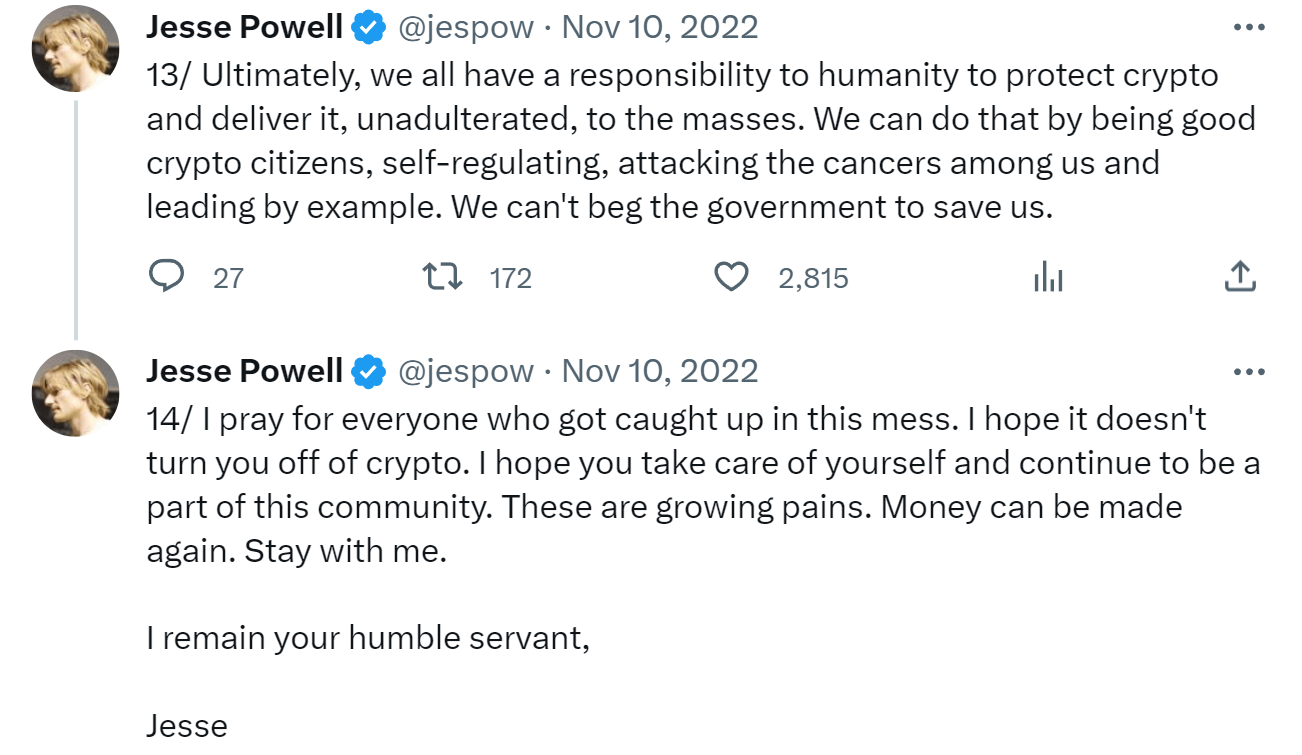 Jesse powell tweet thread response to the FTX fraud