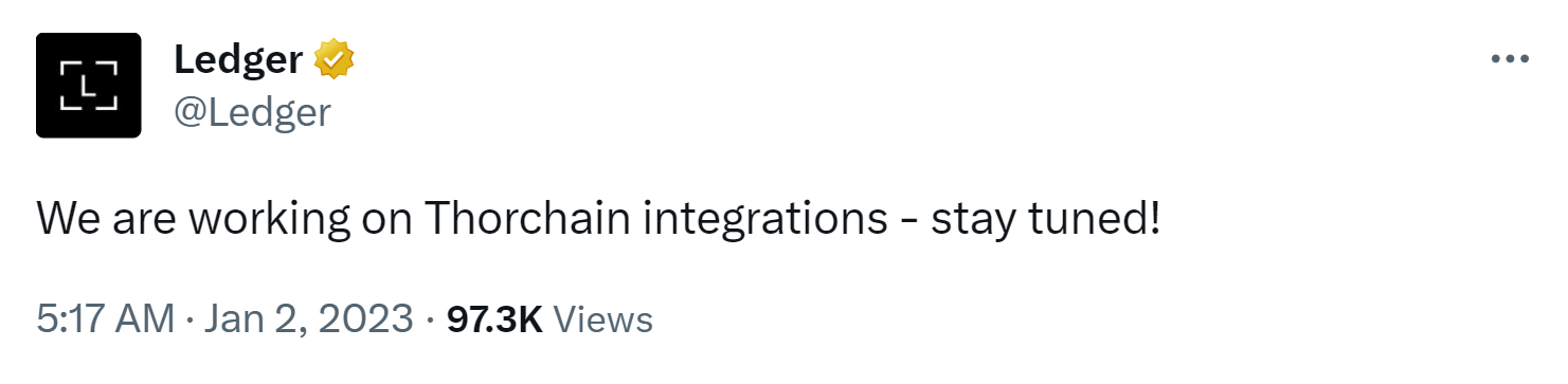 Ledger crypto wallet tweet saying they are integrating THORChain