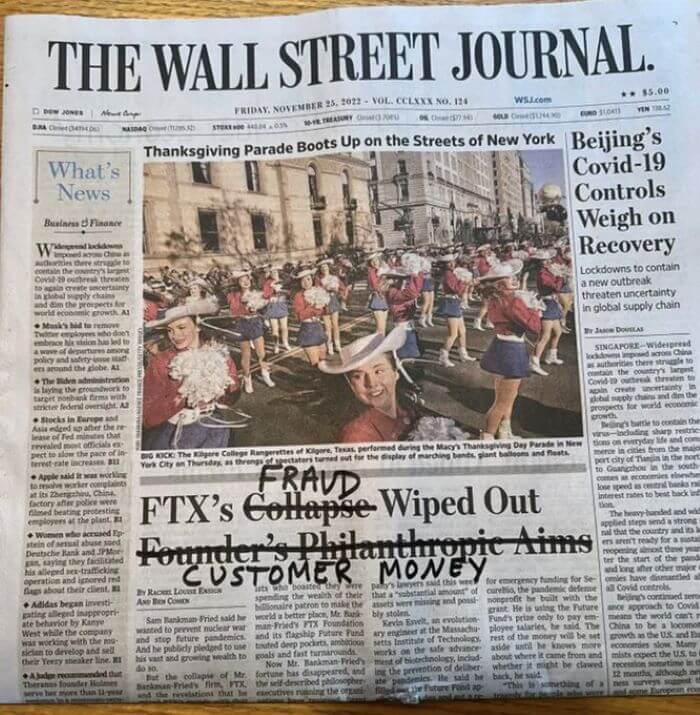 The Wall Street Journal newspaper with FTX headline crossed out and re-written